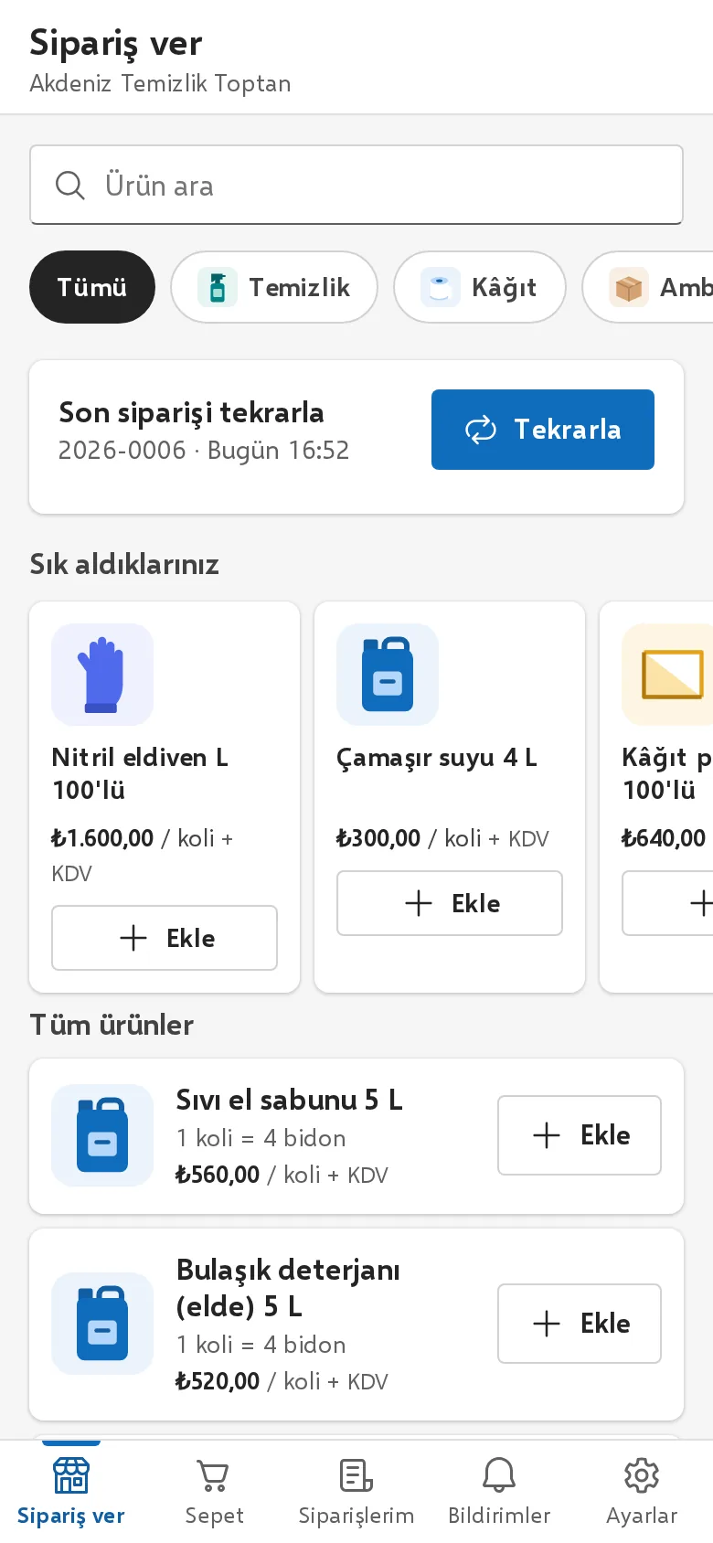 Müşteri ekranı: ürünler fiyatlarıyla listelenmiş, ekle düğmeleri