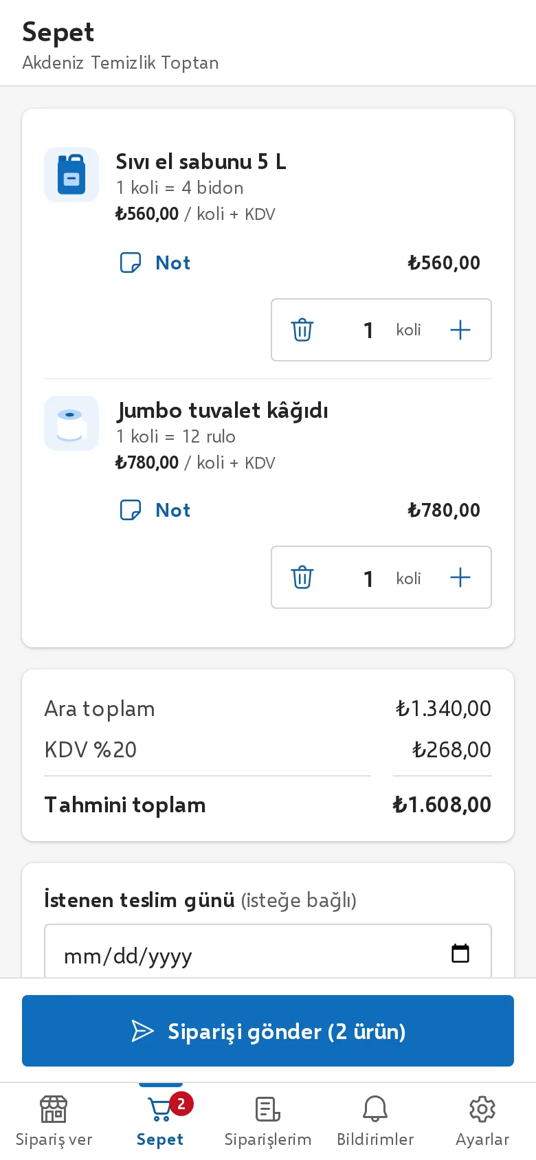 Müşteri ekranında sepet: ürünler, ara toplam, KDV ve tahmini toplam